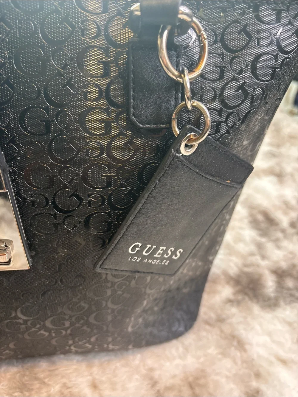 GUESS Black Logo-Print Tote with Tag Charm